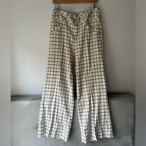 Anthropologie Windowpane Plaid Wide Leg Trouser Pants Cream